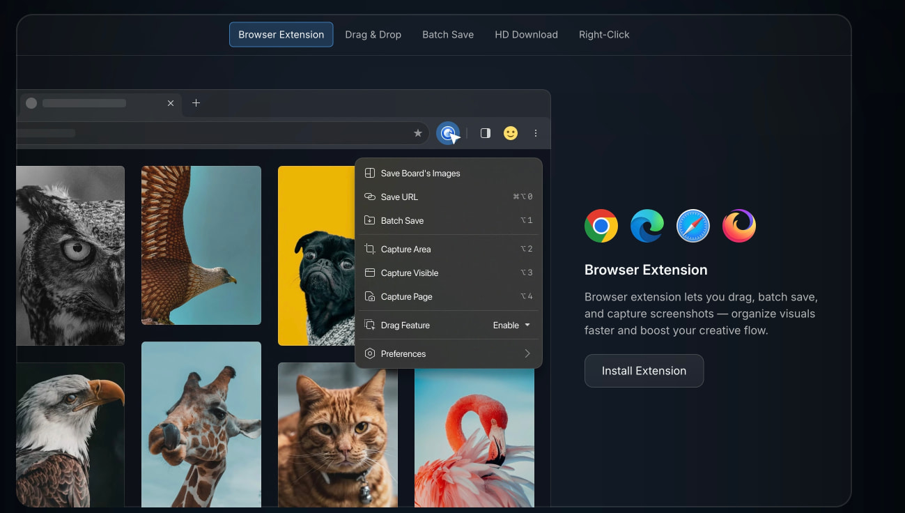 Browser extension showcase with dark interface mockup, browser icons, and tabbed navigation bar captured website design