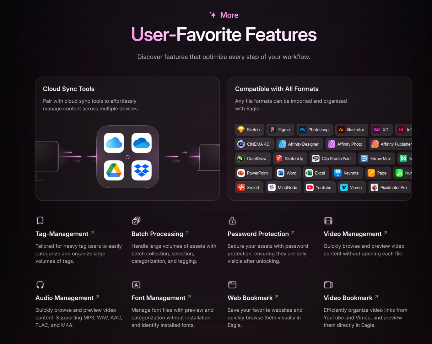 Features section with pink gradient headline, dark cards with app icons, and icon-grid feature list captured website design