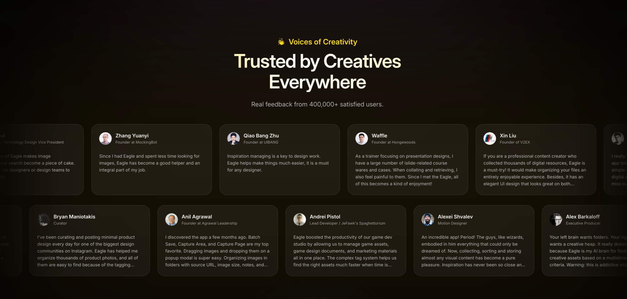 Testimonials grid with yellow accent label, cream display type, and dark elevated cards with avatars captured website design