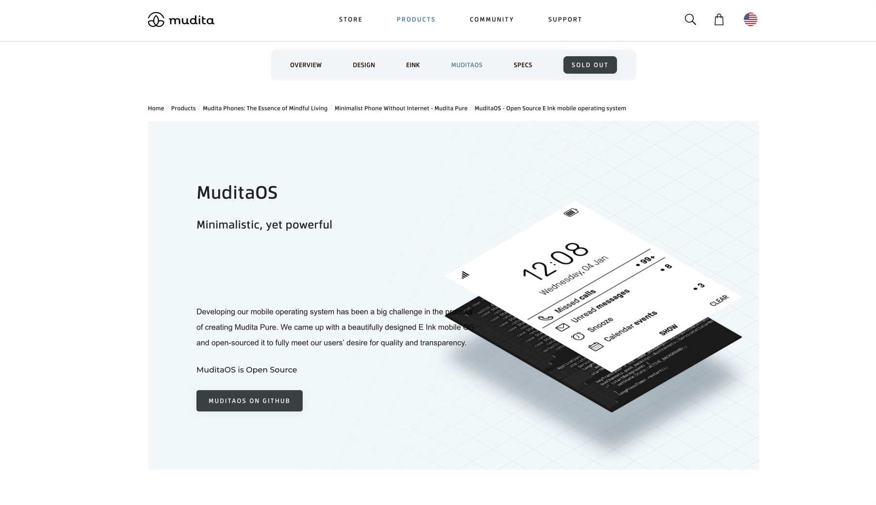 MuditaOS - Open Source E Ink mobile operating system | Mudita captured website design