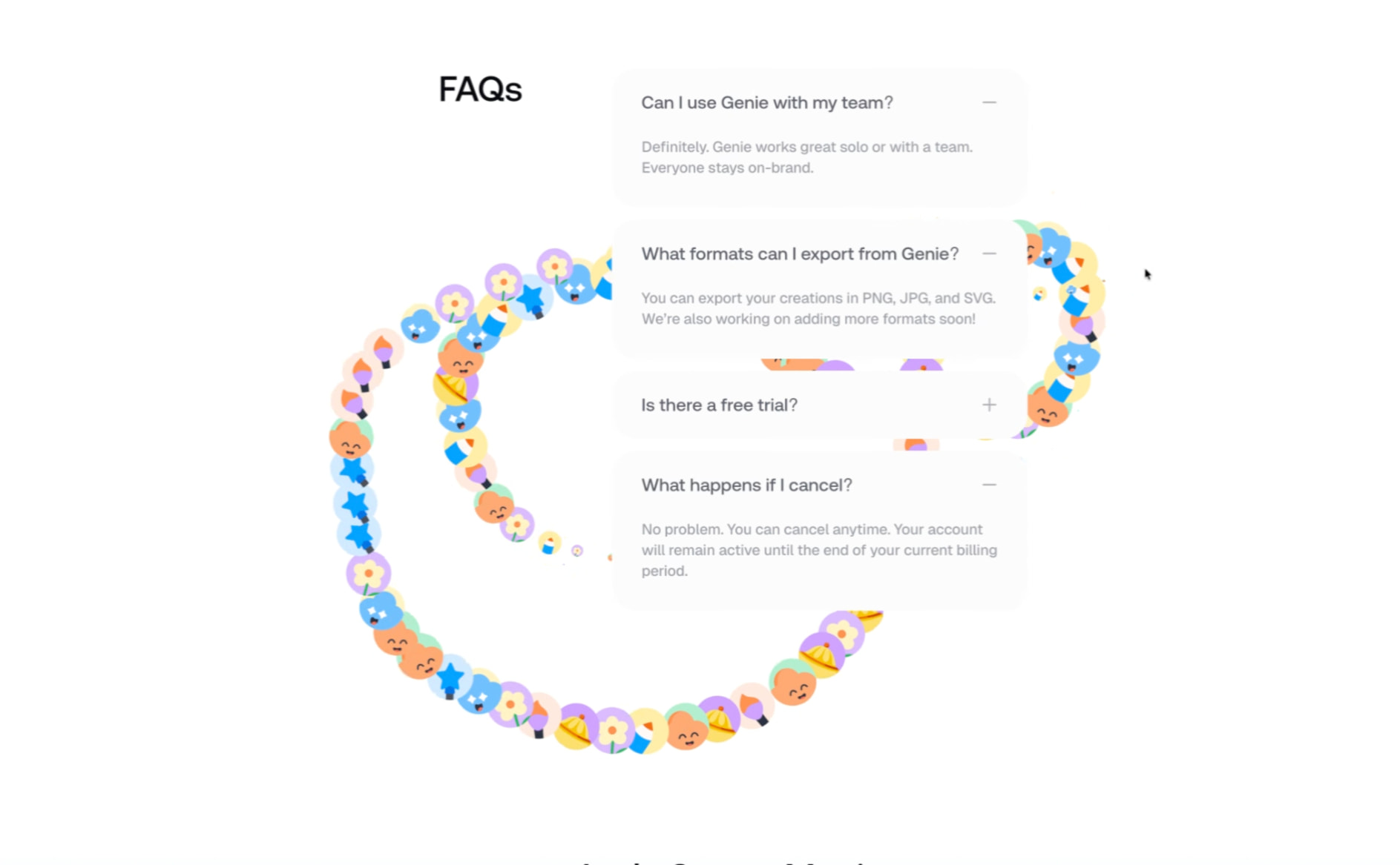 FAQ accordion with decorative circular sticker border containing colorful icons and flowers around the letter G captured website design