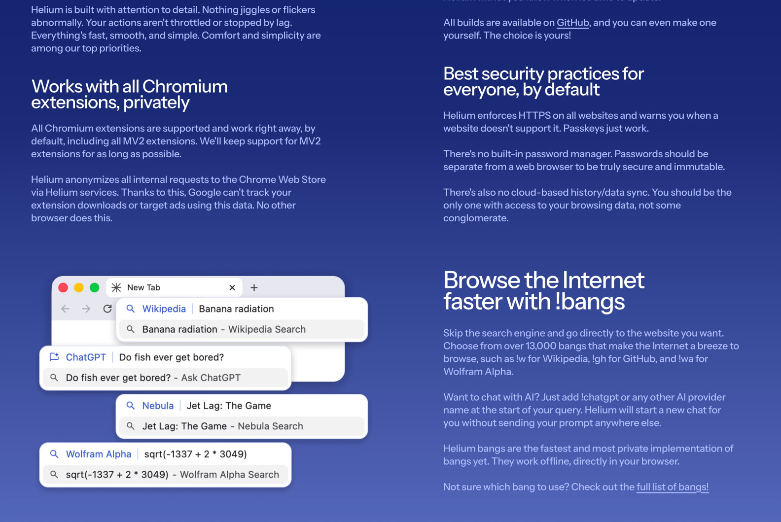 Feature section with floating browser UI mockups demonstrating !bangs search shortcuts alongside descriptive text captured website design