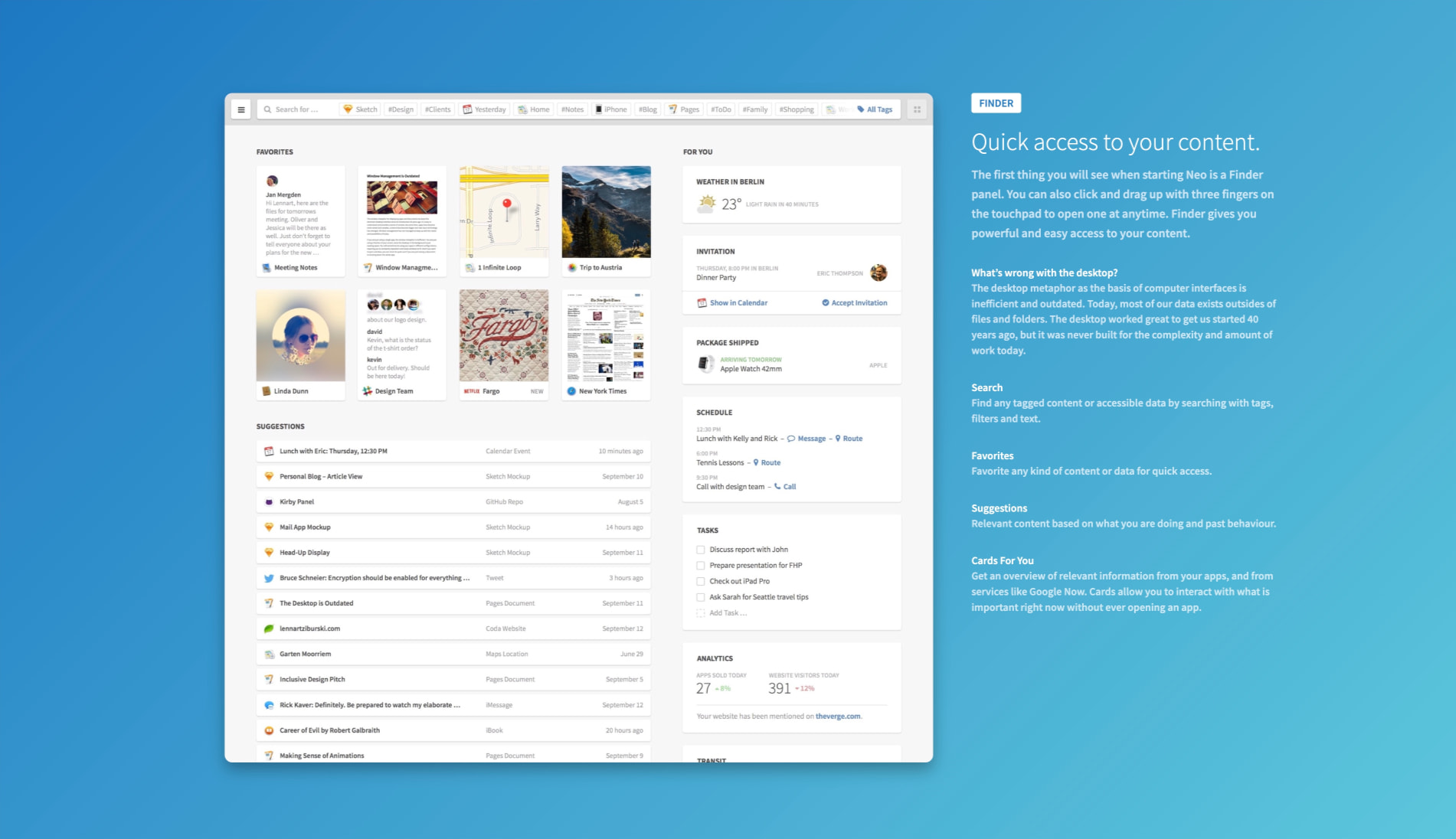 Finder interface mockup on blue gradient background with white panel, search bar, content cards, sidebar sections, and feature descriptions captured website design