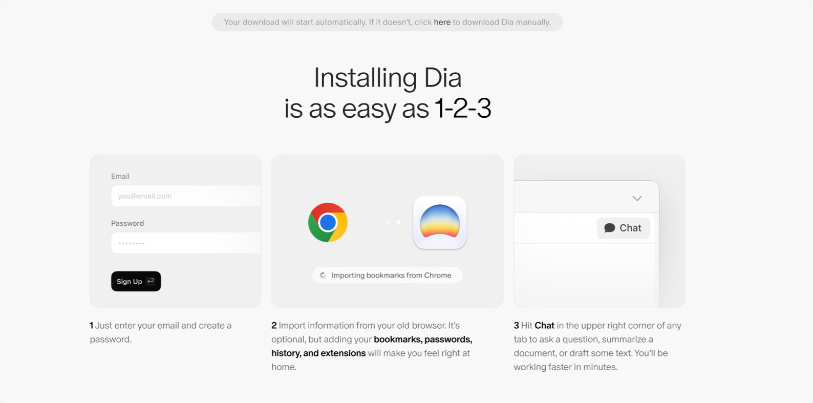 Getting Started | Dia Browser captured website design