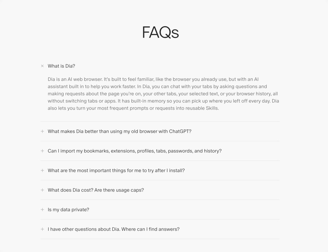 Getting Started | Dia Browser captured website design