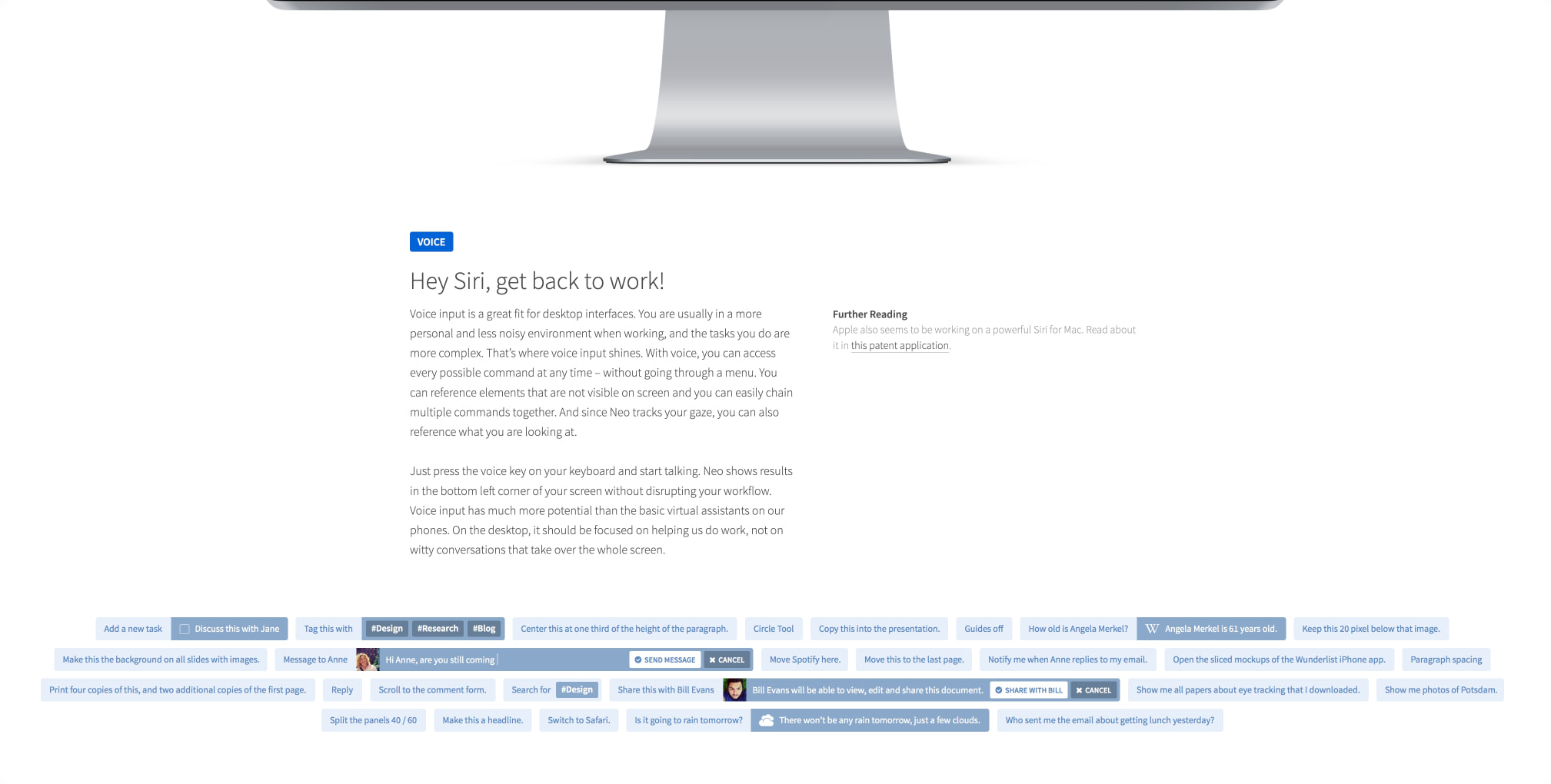 Voice section with blue VOICE badge, large display heading, body text in two columns, and horizontal command tag pills at bottom captured website design