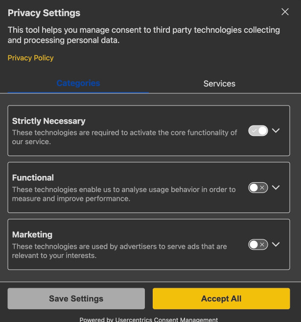 Privacy settings modal with dark grey surface, yellow Accept All button, toggle switches, and tab navigation with blue active state captured website design