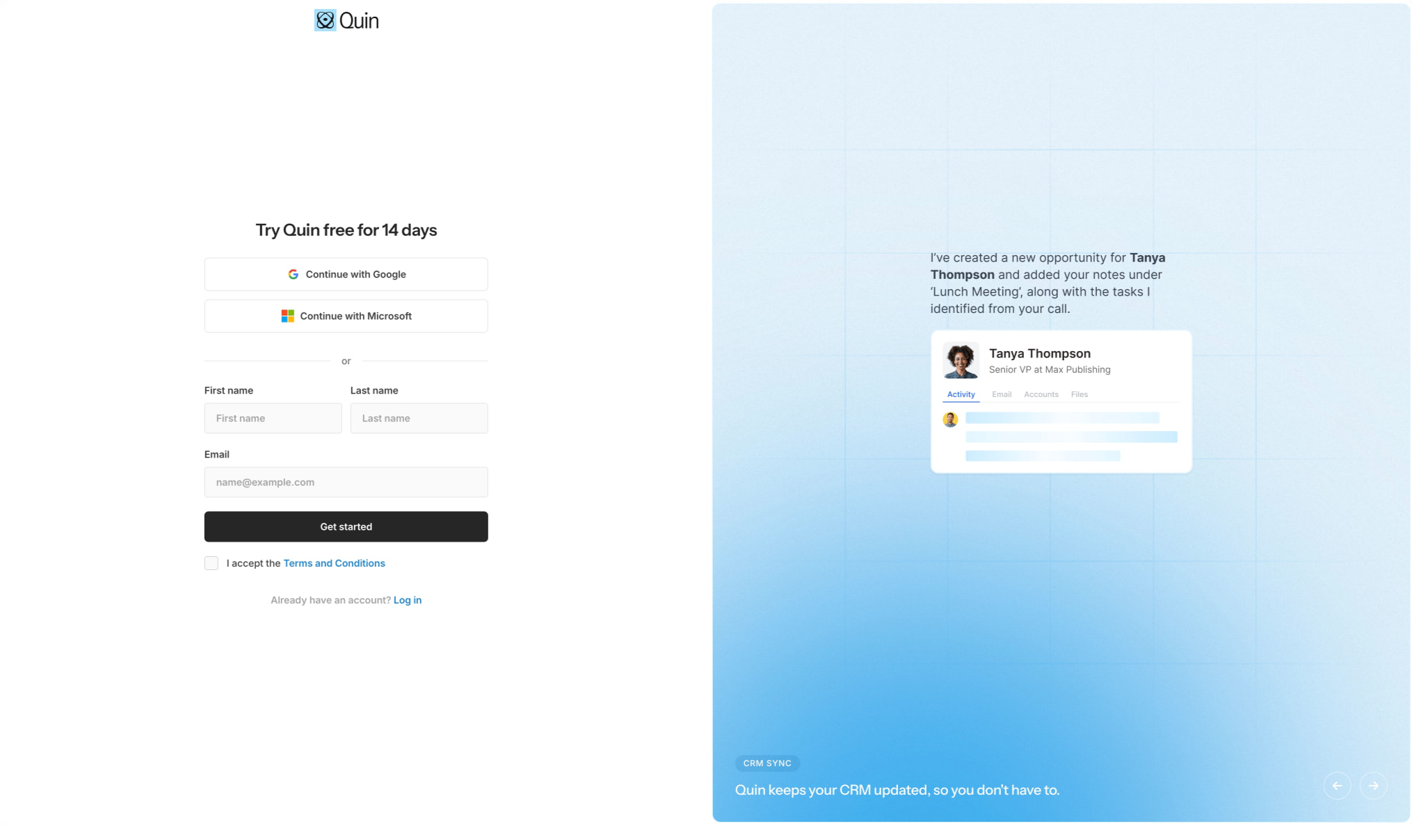 Split-screen signup page with white form on left and blue gradient product illustration on right, showing CRM sync card with contact profile and activity feed. captured website design