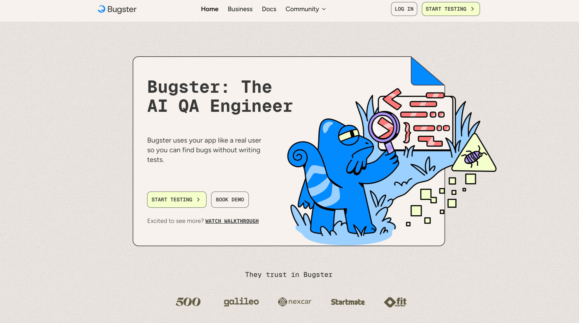 Bugster: AI-Powered End-to-End Testing & QA Automation for Developers captured website design