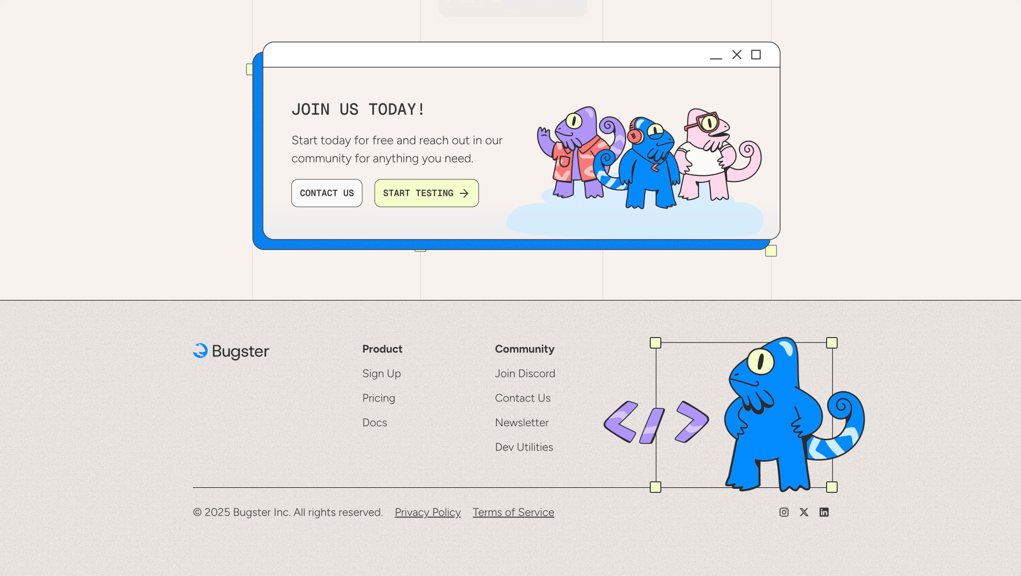 CTA browser window with chameleon trio illustration, dual action buttons, and multi-column footer with code bracket mascot captured website design