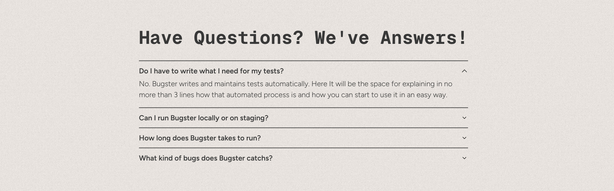 FAQ accordion with bold section heading, horizontal rules, and expand/collapse chevron indicators captured website design