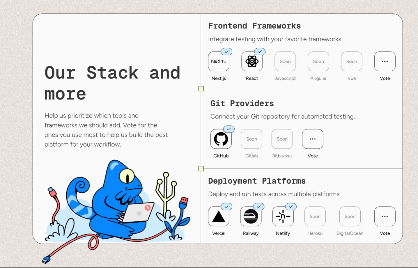Stack integration section with blue chameleon mascot, framework cards, and checkmark badges on warm off-white canvas captured website design