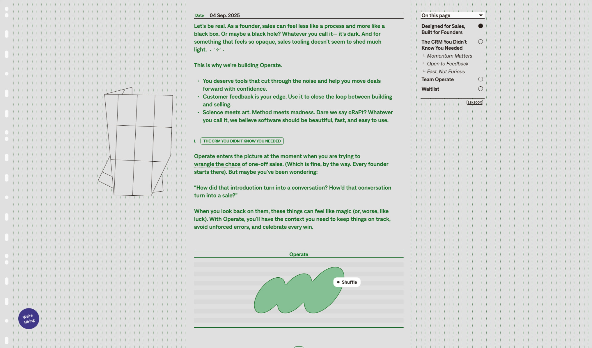Editorial body section with green text on a pale background, wireframe illustration, section label pill, and a mint-green abstract shape with a shuffle control. captured website design