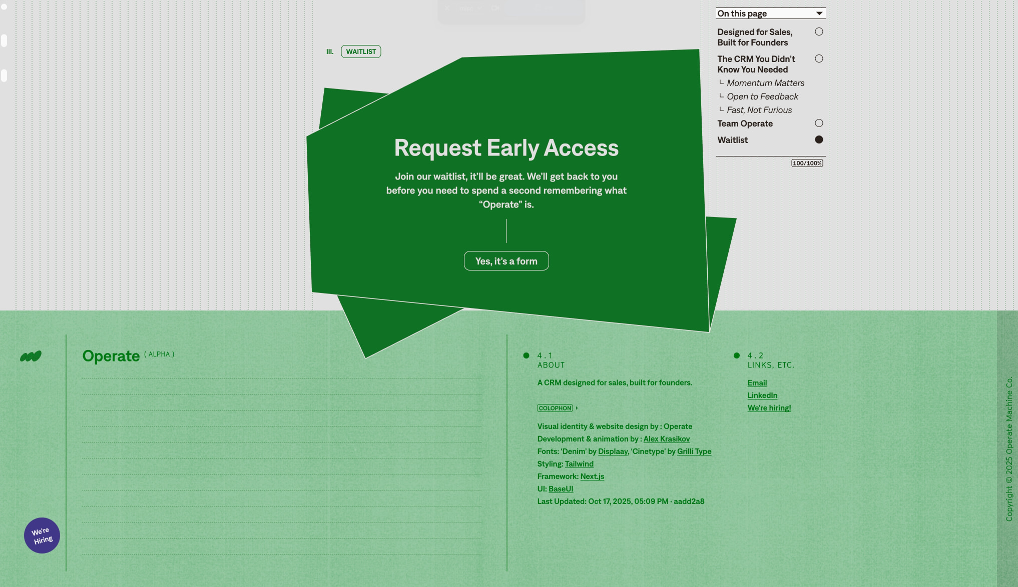 Waitlist section with a large tilted green polygon panel, white text, and a rounded button, followed by a mint-green footer with colophon and hiring badge. captured website design