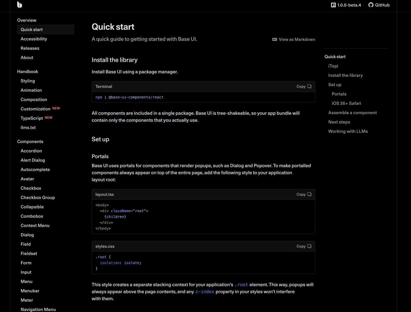 Quick start · Base UI captured website design