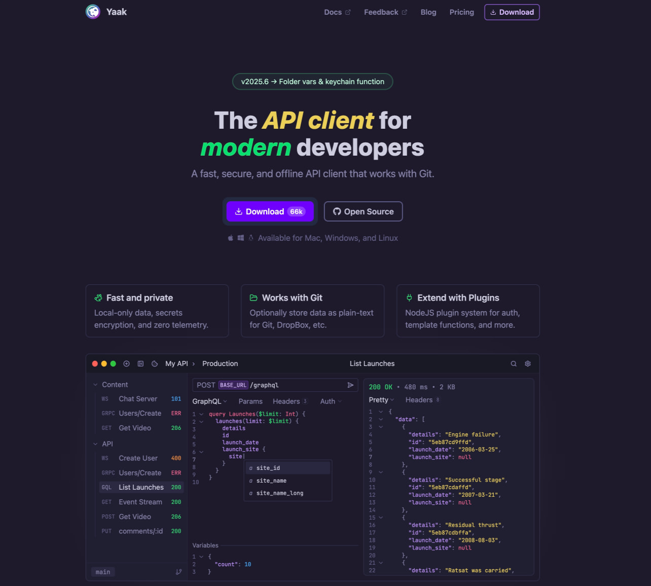 Hero section with gradient headline, download button, feature cards, and API client screenshot on dark background captured website design