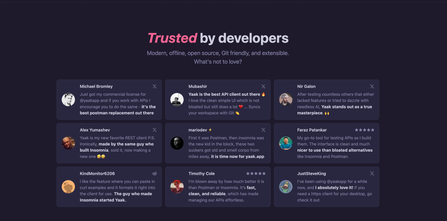 Testimonials grid with nine social proof cards showing developer quotes on dark purple background captured website design