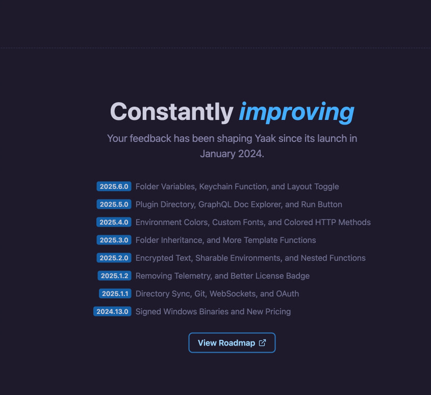 Changelog section with version badges, release notes list, and outlined roadmap button captured website design