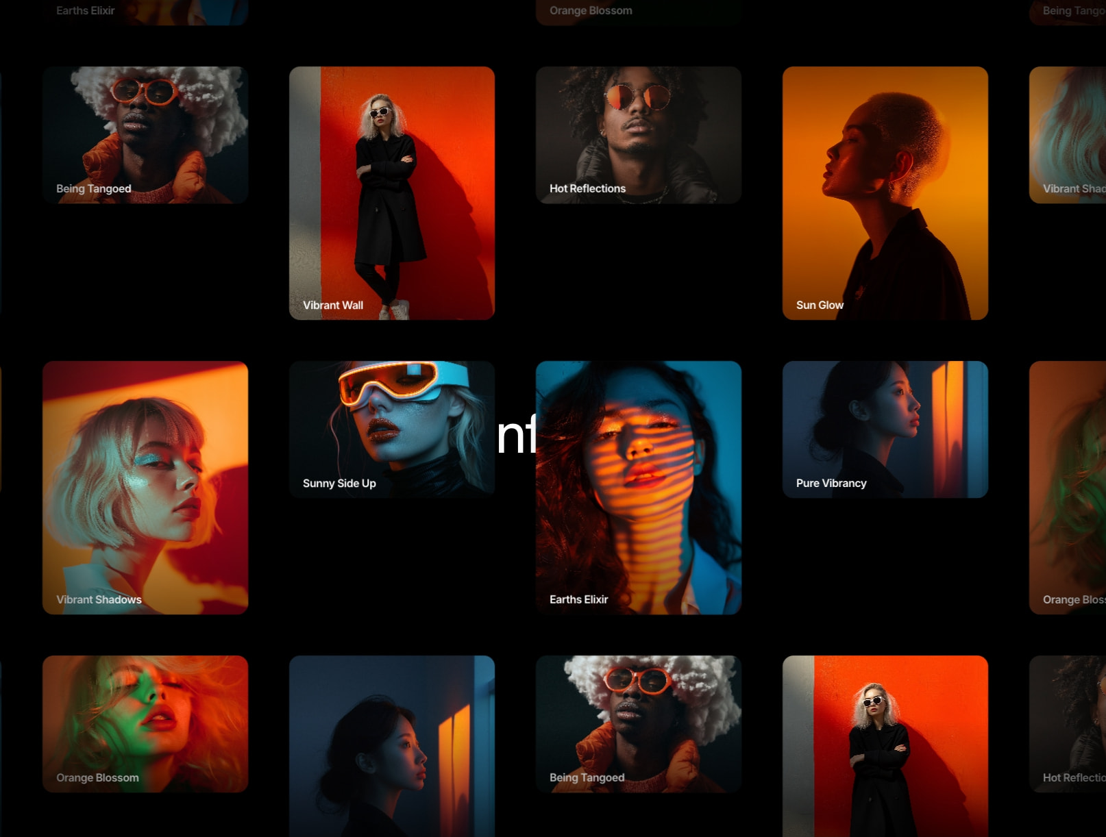 Dark canvas with staggered portrait cards in warm orange and cool blue tones, showing labels like Being Tangoed and Vibrant Wall with a large white nf mark centered captured website design