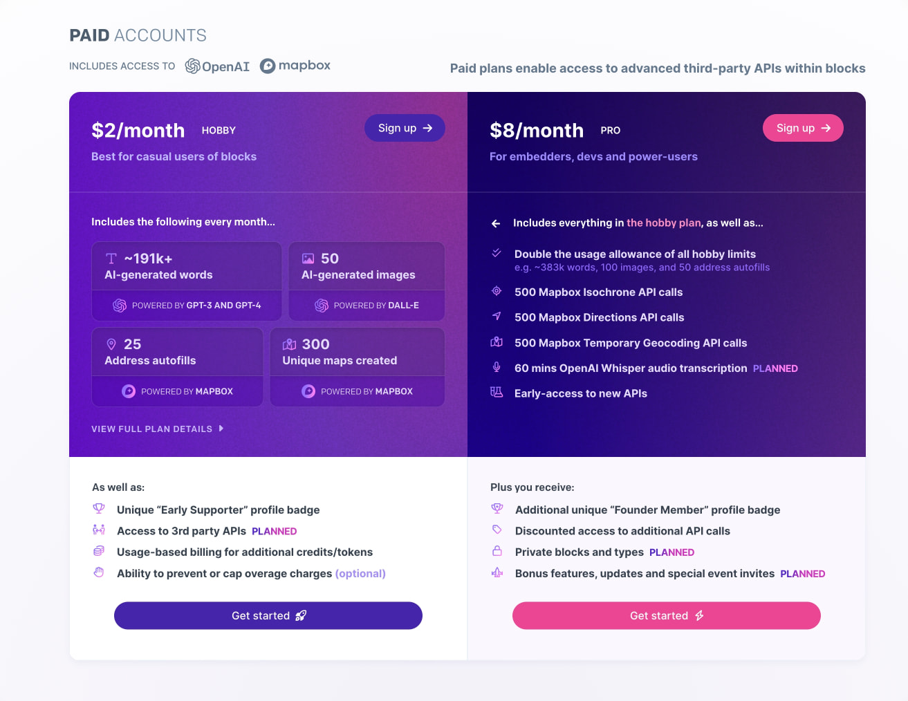Pricing cards with vibrant purple-to-pink gradient backgrounds, white typography, feature grids, and contrasting pink and purple call-to-action buttons on a light gray surface. captured website design