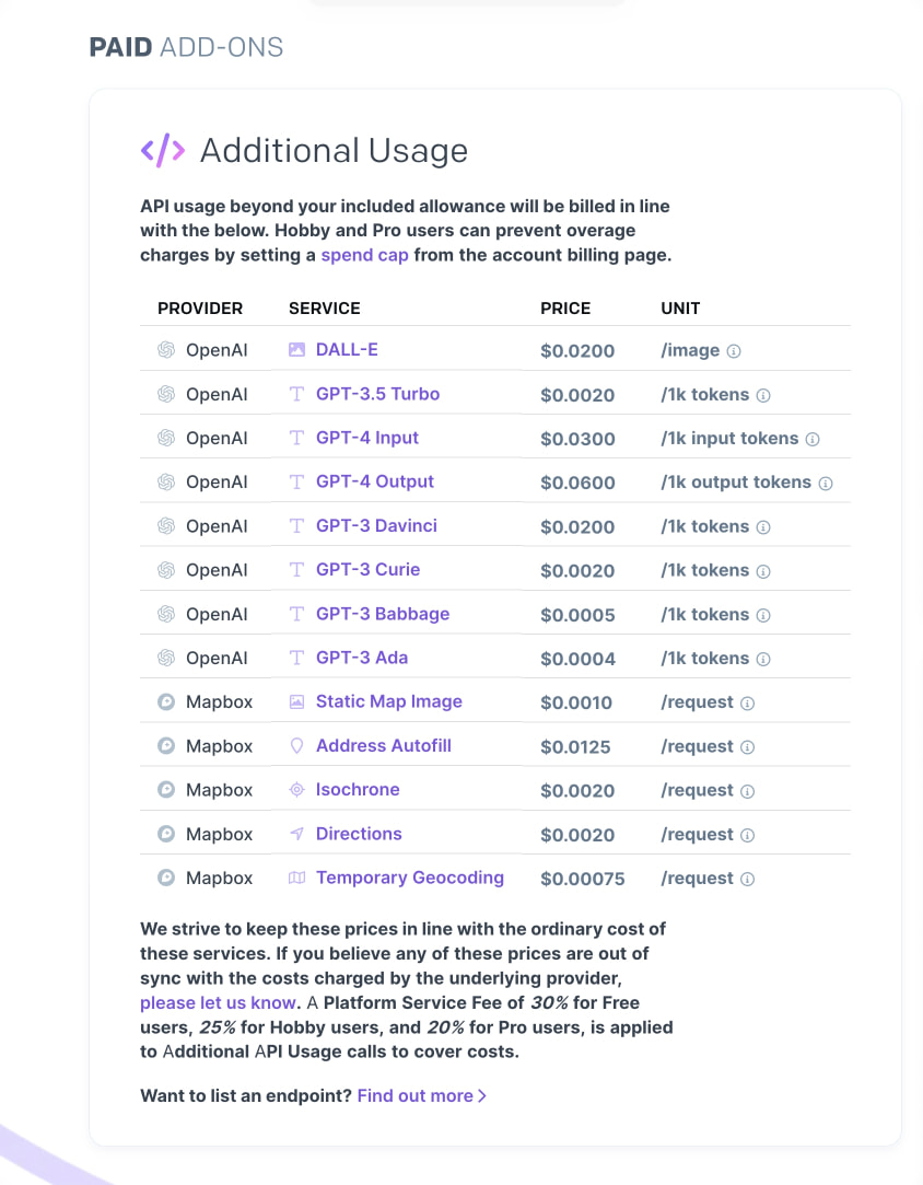 Paid add-ons section showing API usage pricing table with purple-accented service names, light gray borders, and a code-slash icon heading on a near-white background. captured website design