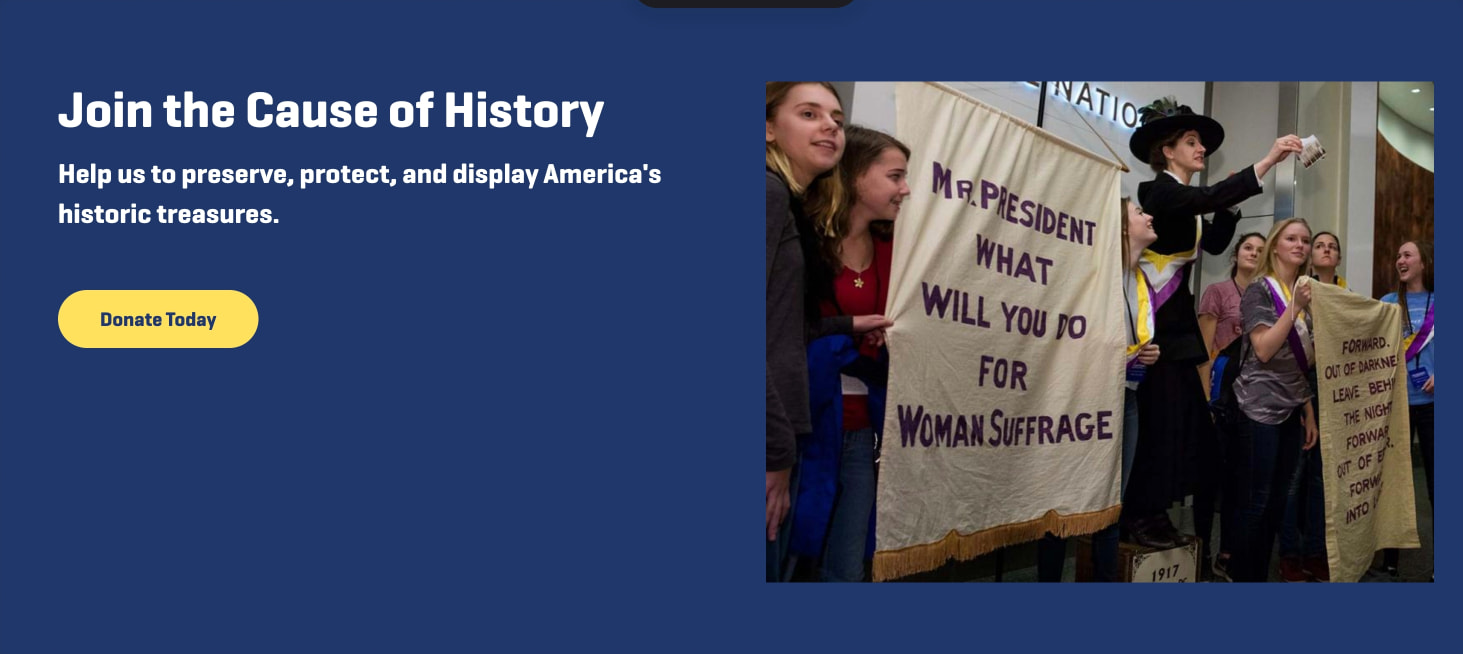 Blue support band with a left-aligned callout and large documentary image captured website design