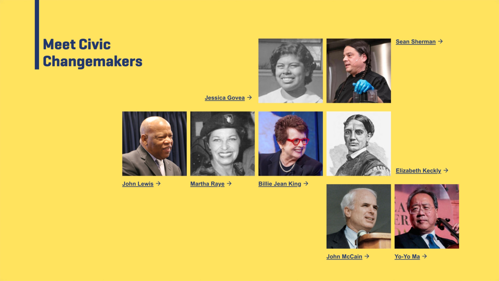 Yellow civic portrait grid with staggered names and square image tiles captured website design
