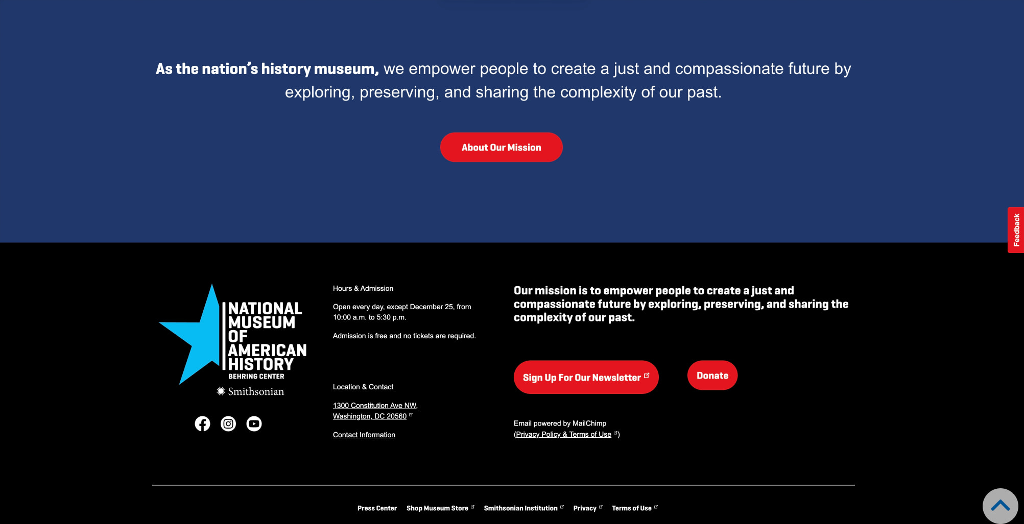Blue mission hero with centered statement, red button, and edge utility tab captured website design