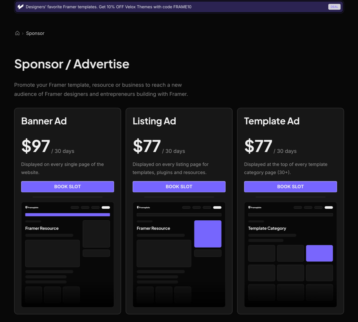 Sponsor pricing page with purple announcement banner, breadcrumb navigation, three-tier pricing cards with purple CTAs and wireframe previews captured website design