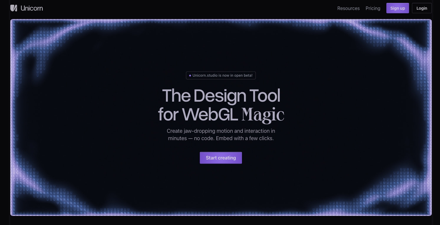 unicorn.studio — No-code WebGL Tool captured website design