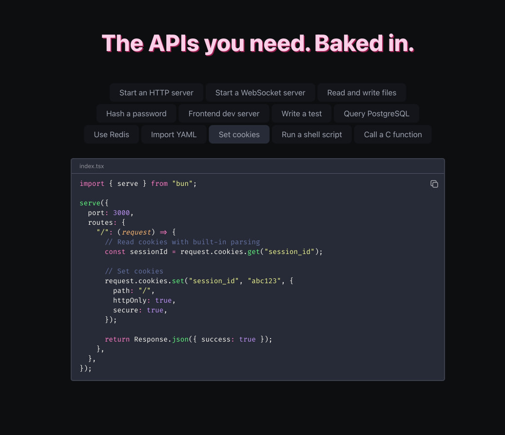 Code showcase section with gradient pink headline, API capability pills, and a dark syntax-highlighted code block demonstrating Bun's built-in cookie handling. captured website design