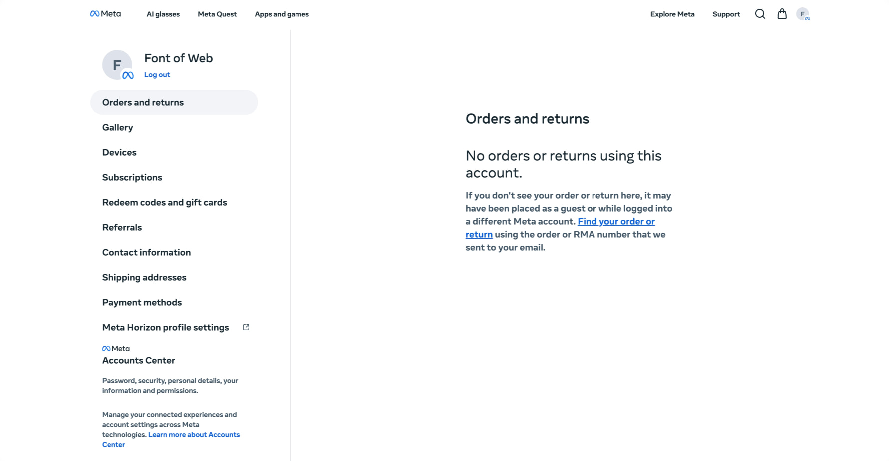 Account orders page with left sidebar navigation, Meta logo, and clean white content area with blue links captured website design