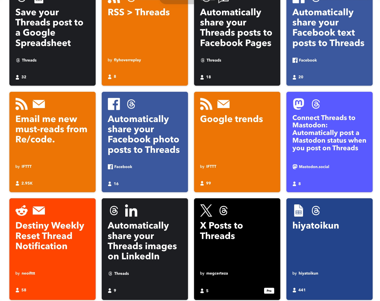 Colorful integration applet grid with orange, black, blue, and purple cards featuring service icons, white text, and user engagement counts captured website design