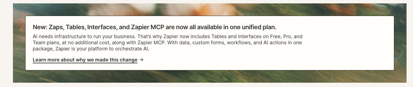 Pricing page announcement banner with white card on textured green background, featuring bold headline and arrow link captured website design