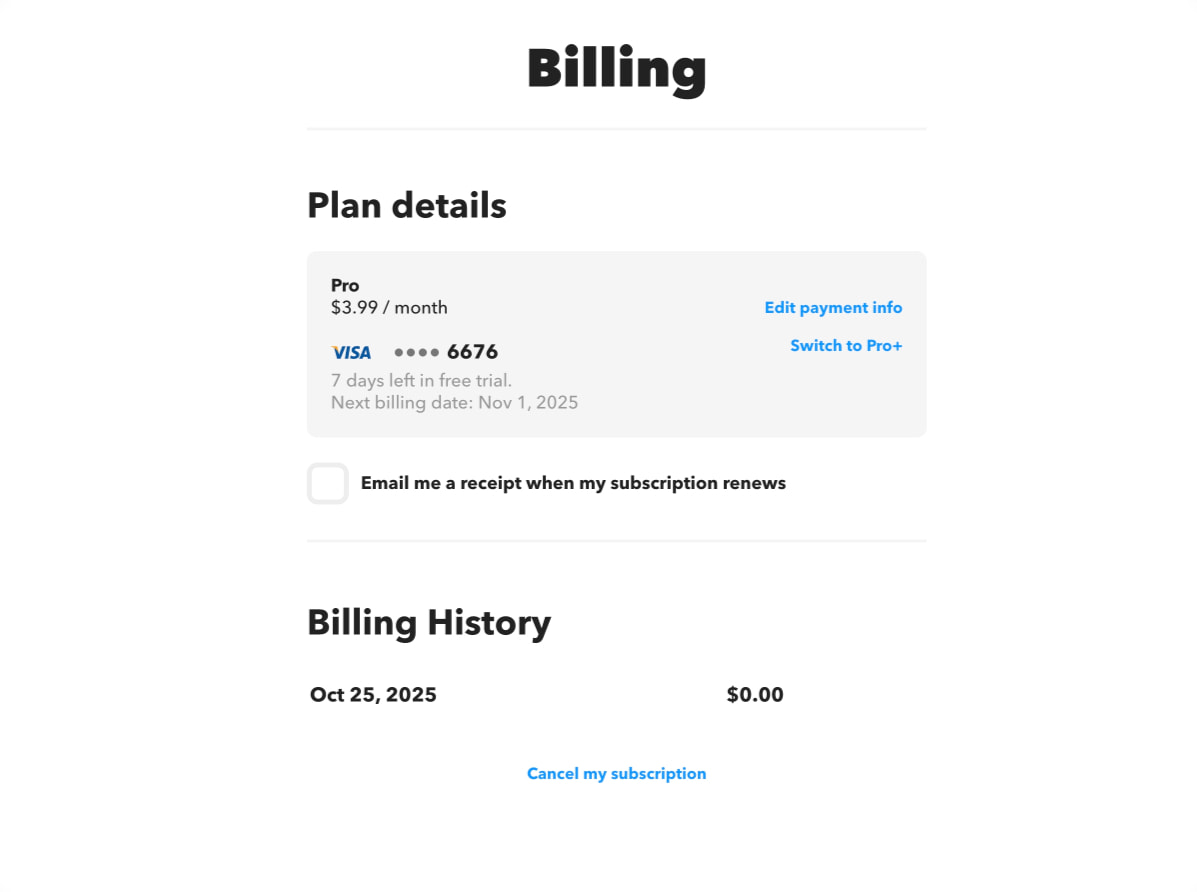 Billing dashboard with Plan details card on light gray surface, blue action links, checkbox control, and Billing History section with date-price row captured website design