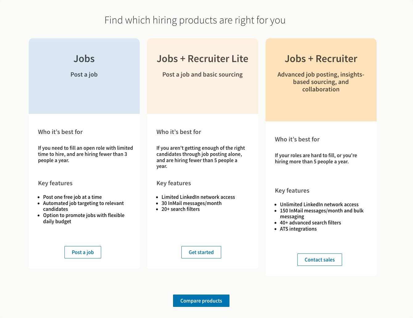 Product comparison section with three tiered cards in blue, cream, and warm yellow with white lower sections and blue CTAs captured website design