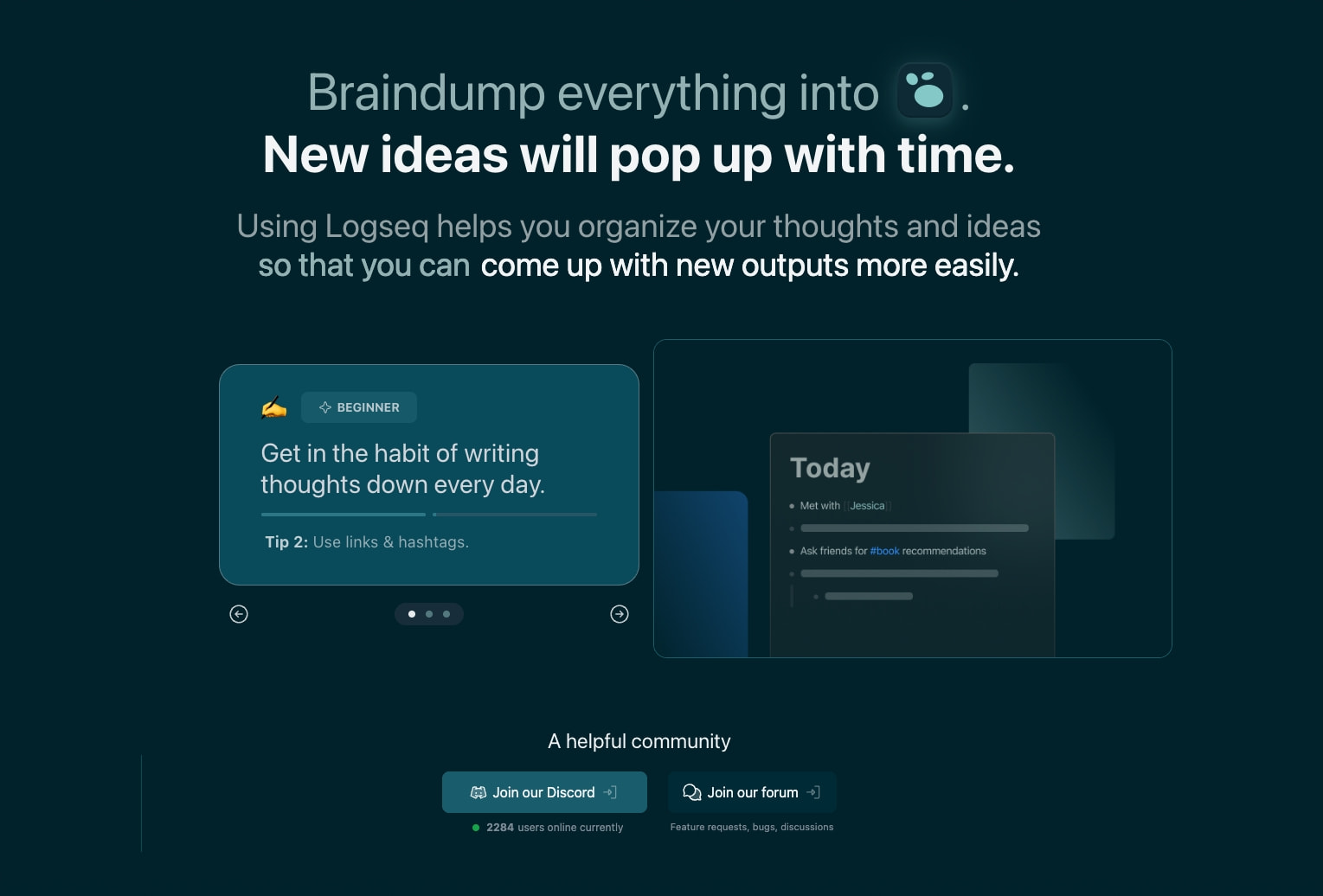 Product showcase with teal tip card, app interface screenshot, community section, and Discord/forum action buttons with online user count captured website design