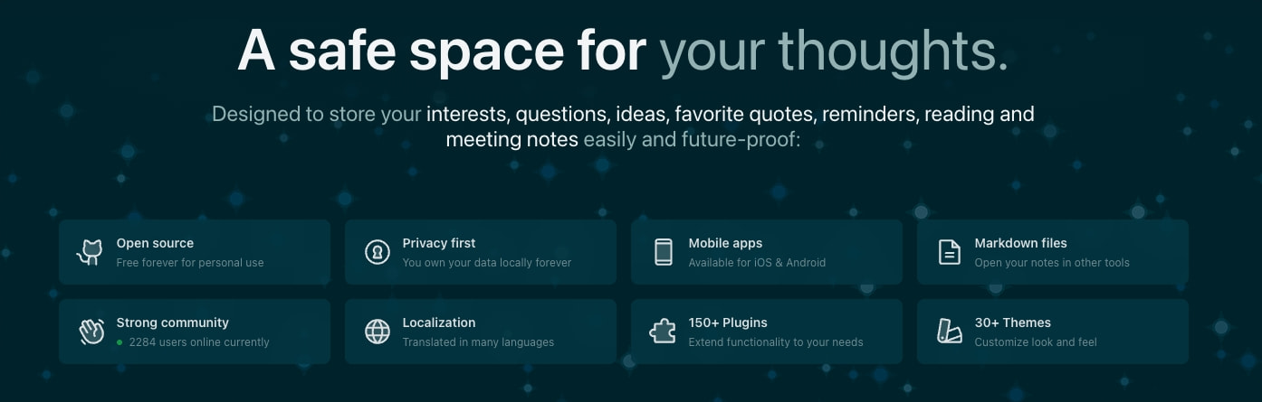 Feature grid with eight dark teal cards showing icons and white labels for open source, privacy, mobile apps, markdown, community, localization, plugins, and themes captured website design