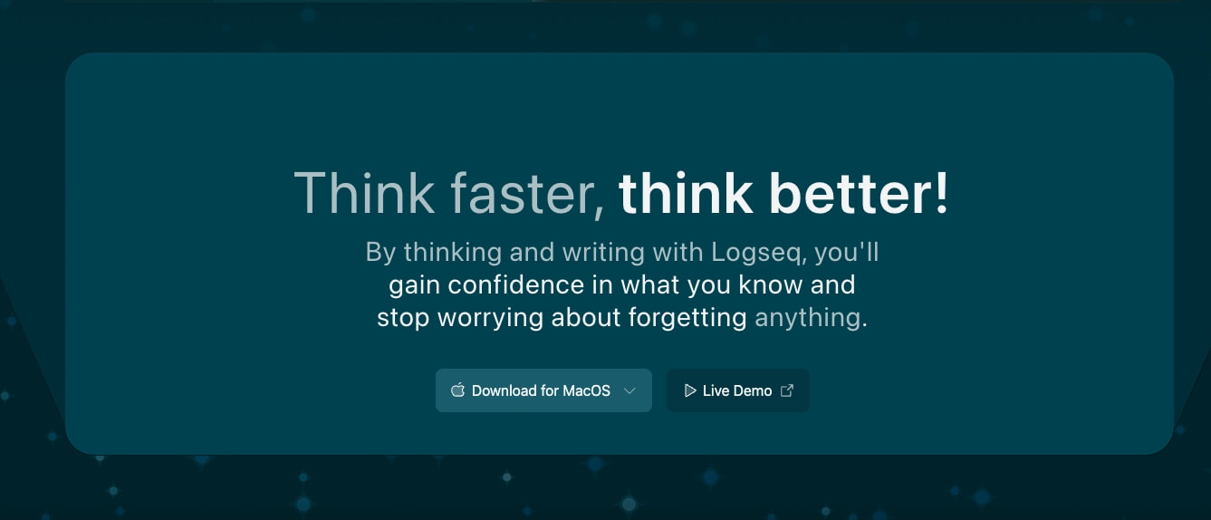 Hero section with teal rounded panel containing headline, subhead, and two action buttons against dark background with floating particles captured website design