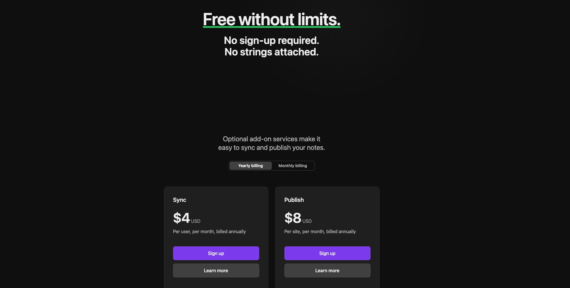 Hero section with large white headline featuring green underline accent, yearly billing toggle, and pricing cards captured website design