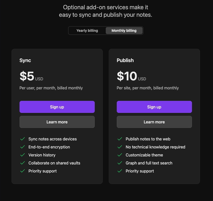 Pricing cards for Sync and Publish add-ons with purple primary buttons, gray secondary buttons, and green checkmarks captured website design