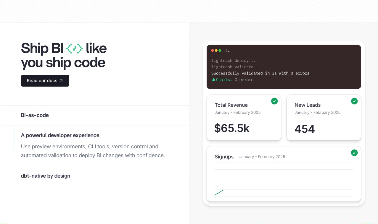 Lightdash | Rethink BI. Build Intelligence, not just dashboards. captured website design