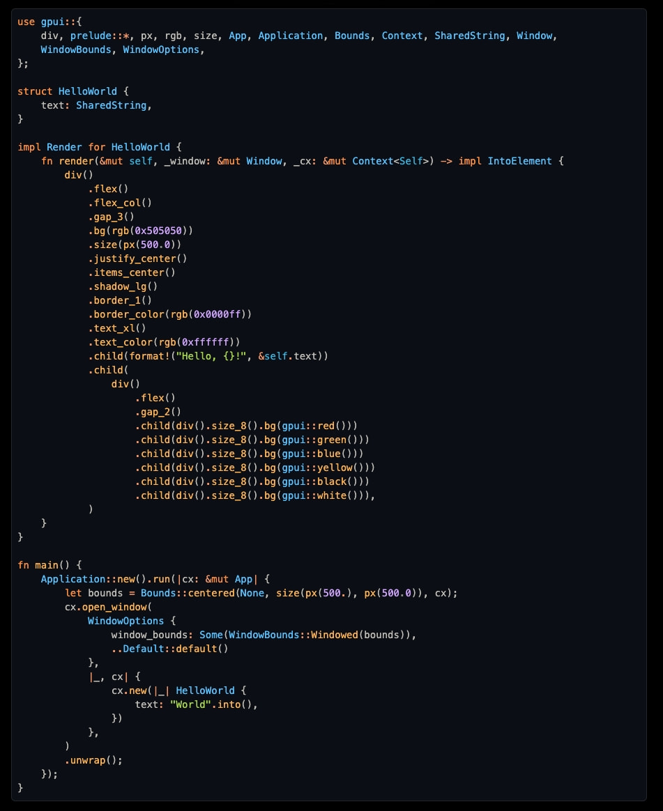 Syntax-highlighted Rust code block with dark navy background, colorful tokens, and method chaining for UI construction captured website design