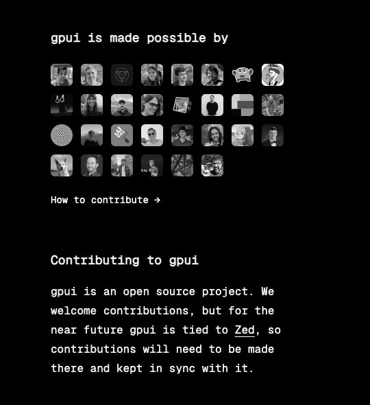 Contributor avatar grid with rounded square images, contribution CTA link, and open-source project description text captured website design