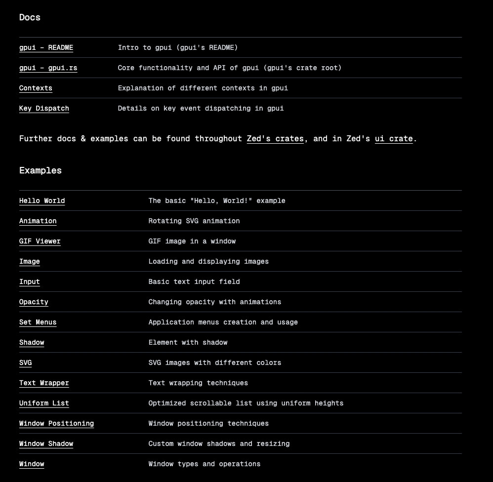 Docs and Examples sections with monospace link labels, horizontal hairline dividers, and descriptive text in tabular layout captured website design