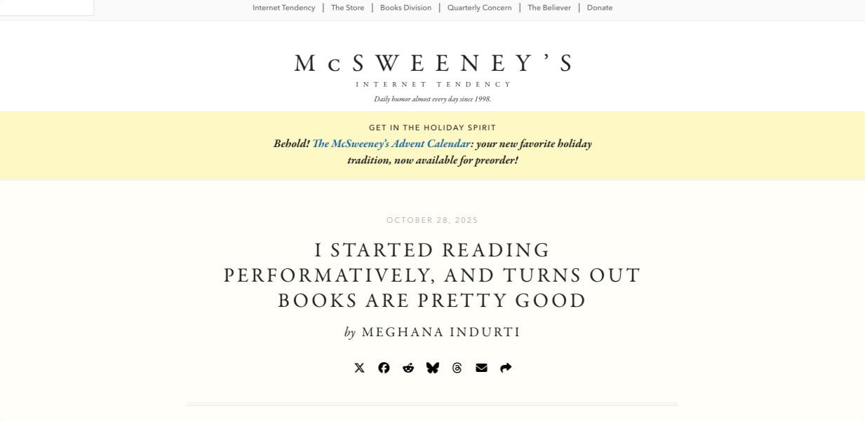I Started Reading Performatively, and Turns Out Books Are Pretty Good - McSweeney’s Internet Tendency captured website design