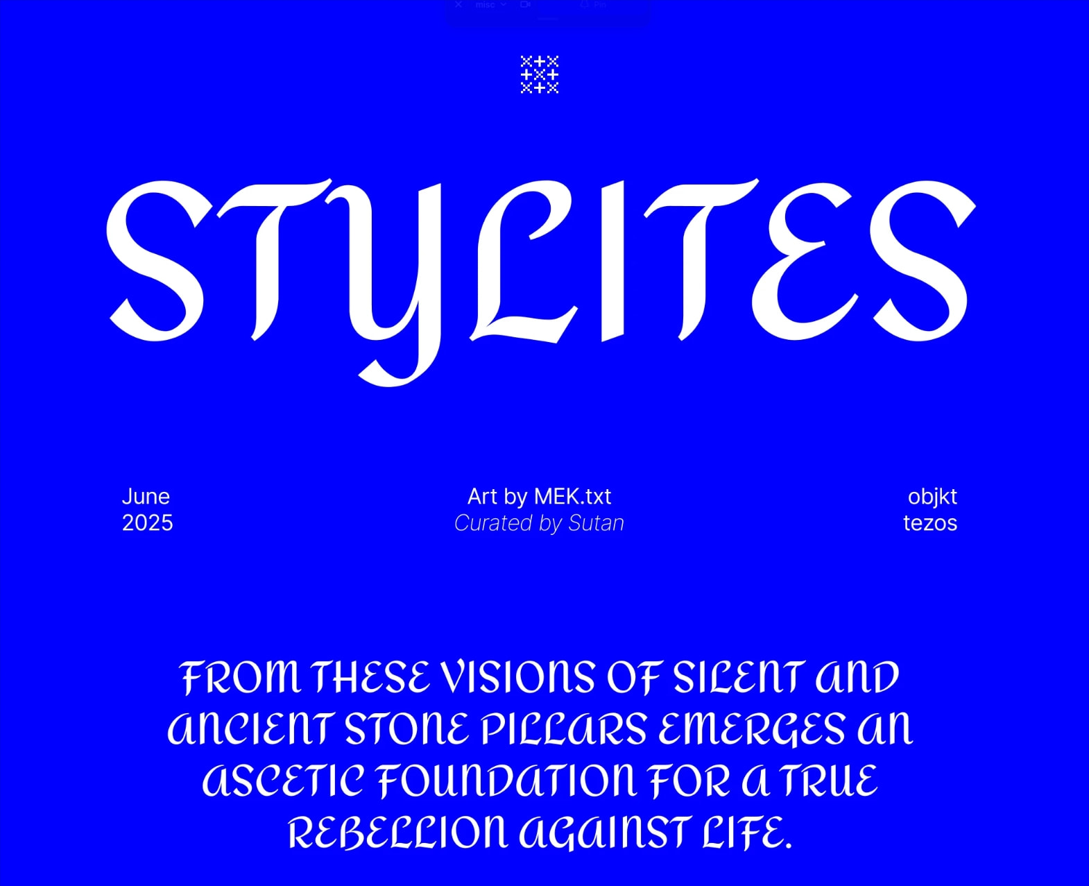 Bold blue poster page with large white display type spelling STYLITES and centered italic attribution details captured website design