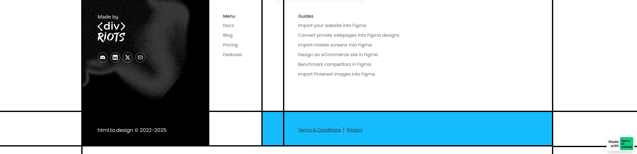 Footer section with dark brand panel, social icons, and bright cyan legal bar with Terms & Conditions link captured website design