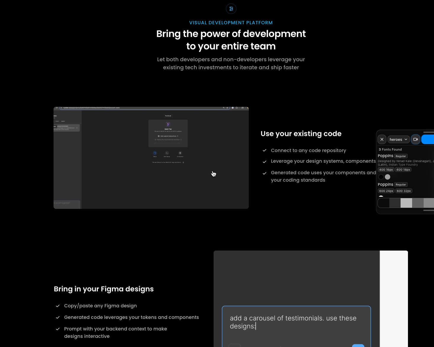 Feature section with product screenshot, cyan eyebrow label, and alternating dark card layouts with checkmark lists captured website design