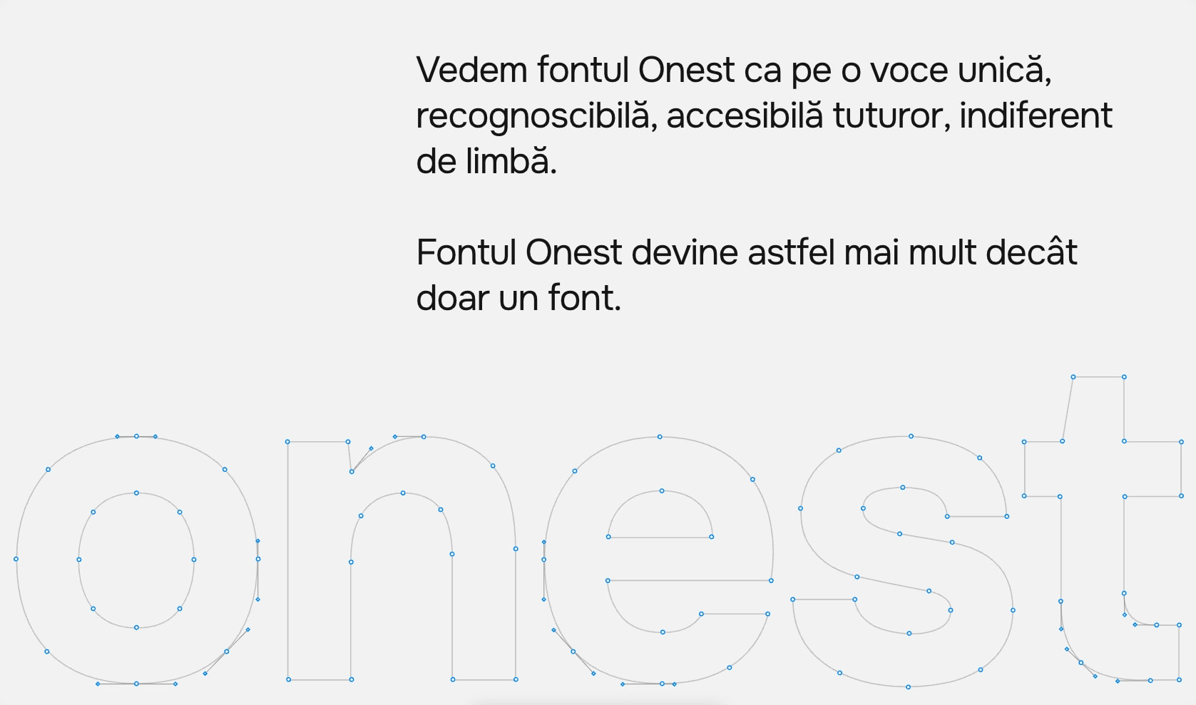 Wireframe outline of the word 'onest' with construction nodes against a light background, paired with Romanian body copy about the font's voice. captured website design
